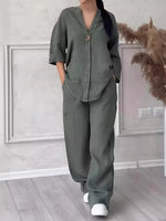 Women's Cotton-Linen Two-Piece Set, Loose Top and Wide Leg Pants