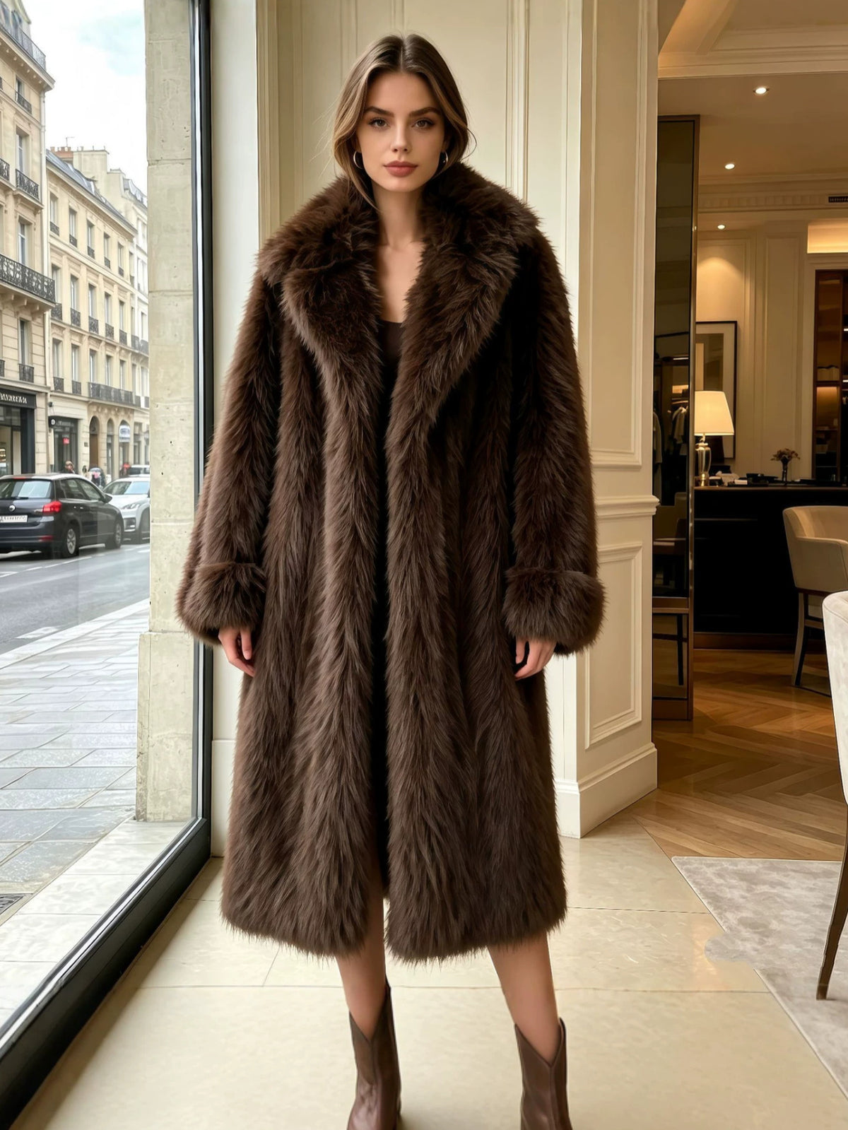Women's Long Winter Coat with Notch Lapel