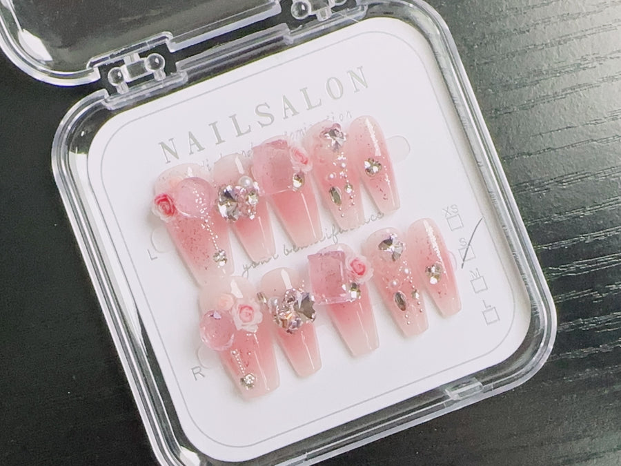 Roze Press-On Nagels met Edelstenen, 10-delige set