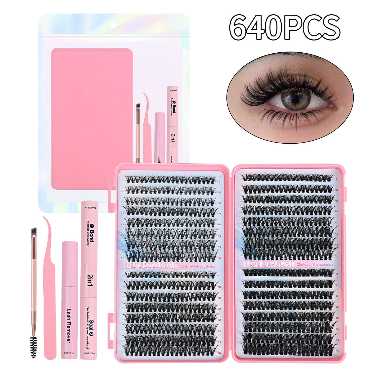 Lash Cluster Kit, 640 stuks, 9-16mm D-krul