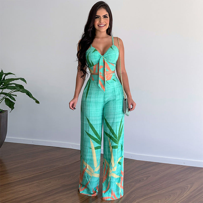 Printed V-Neck Vest and Wide-Leg Pants Set