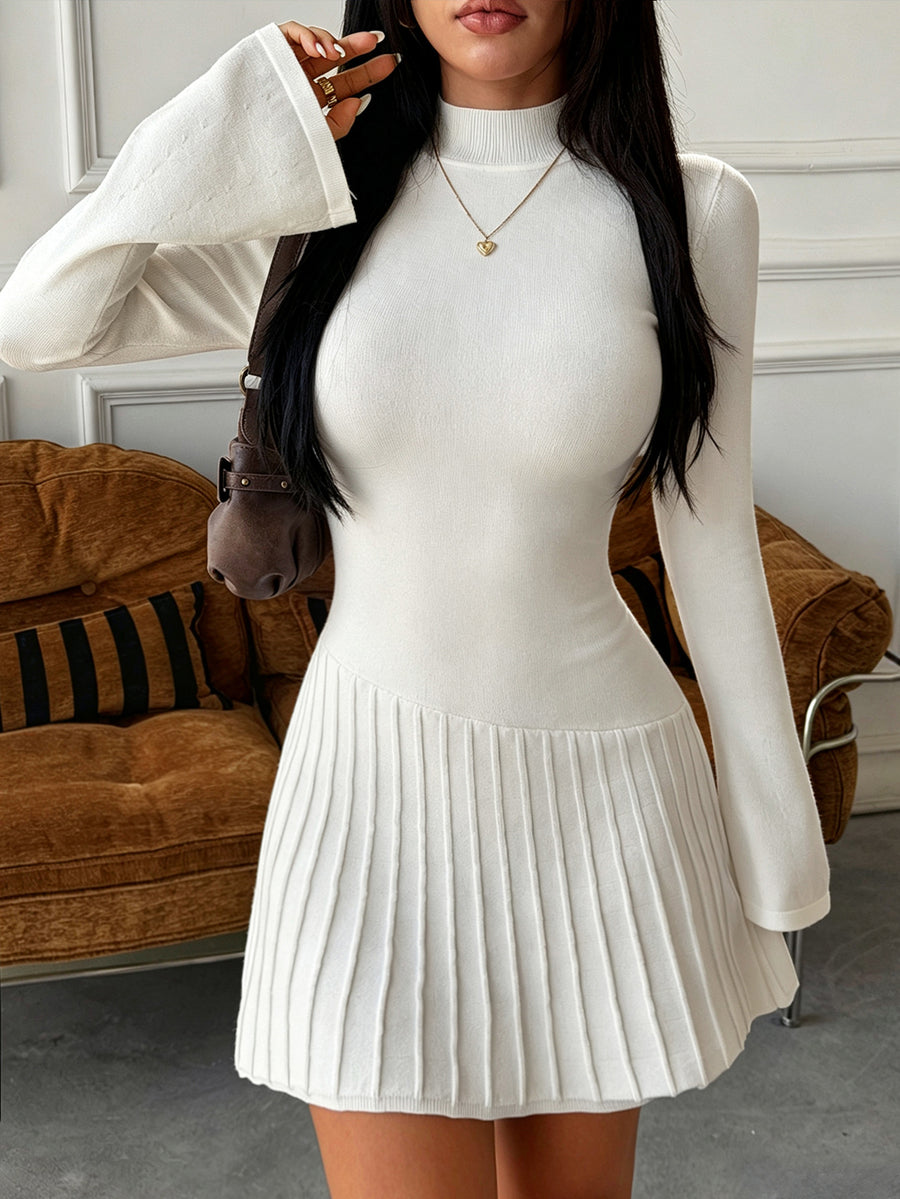 Mock-Neck Pleated Knit Mini Dress