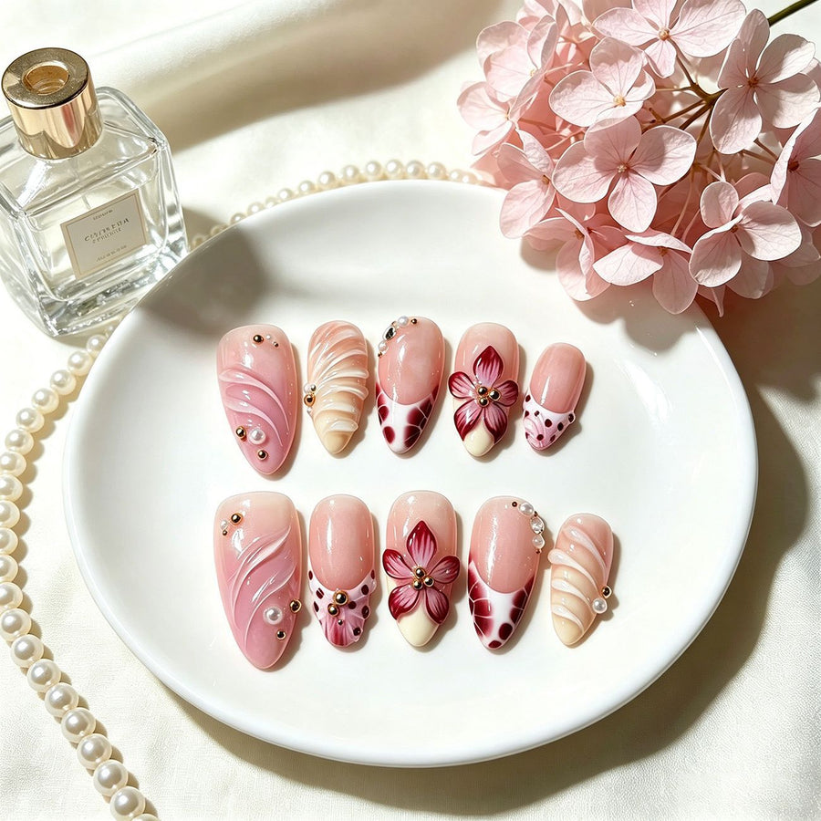 Nude kleurverloop Press-On nagels met parels, 10-delige set