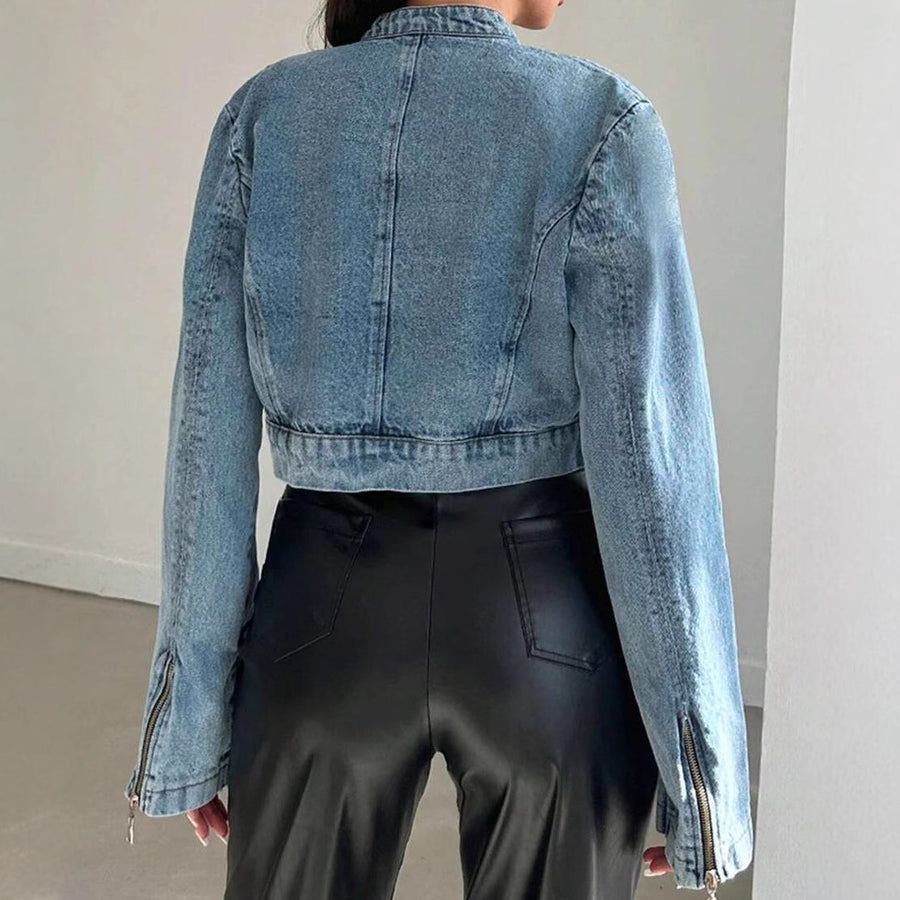 Women's Cropped Denim Moto Jacket