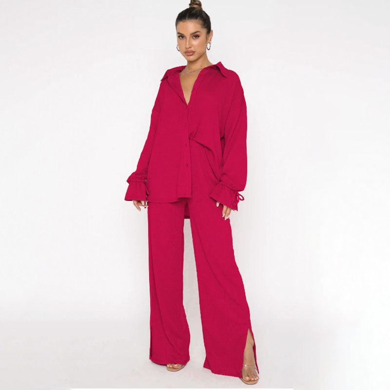 Women's Polo Collar Two-Piece Suit, Top and Trousers