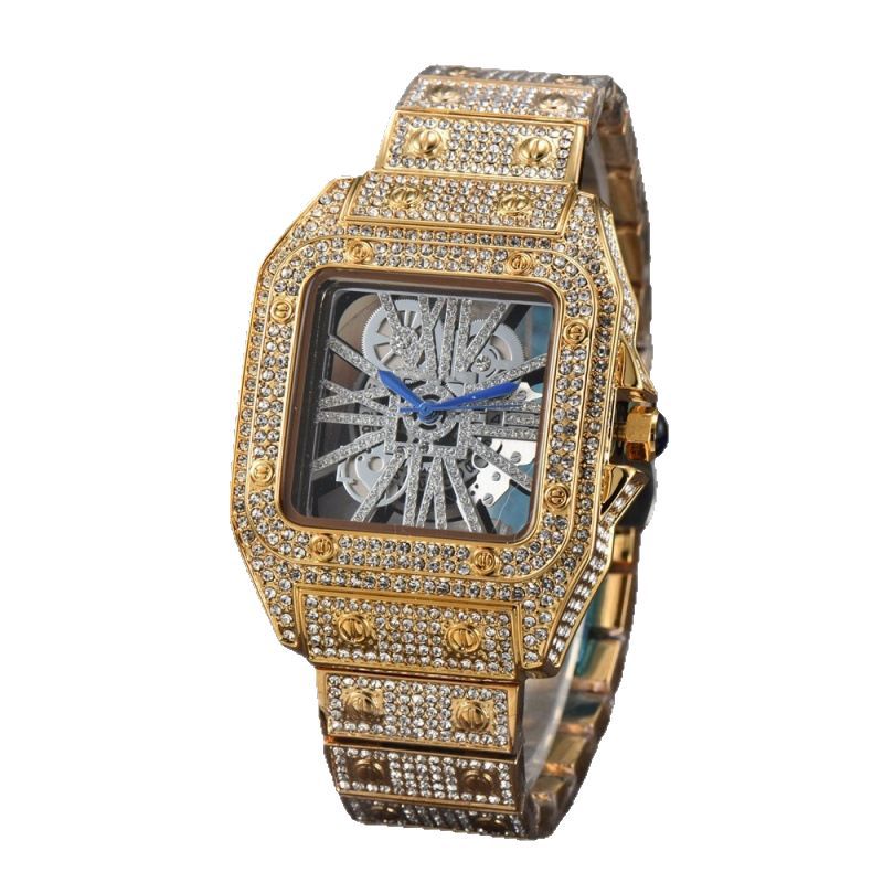Men's Square Stone-Set Quartz Watch, Steel Band