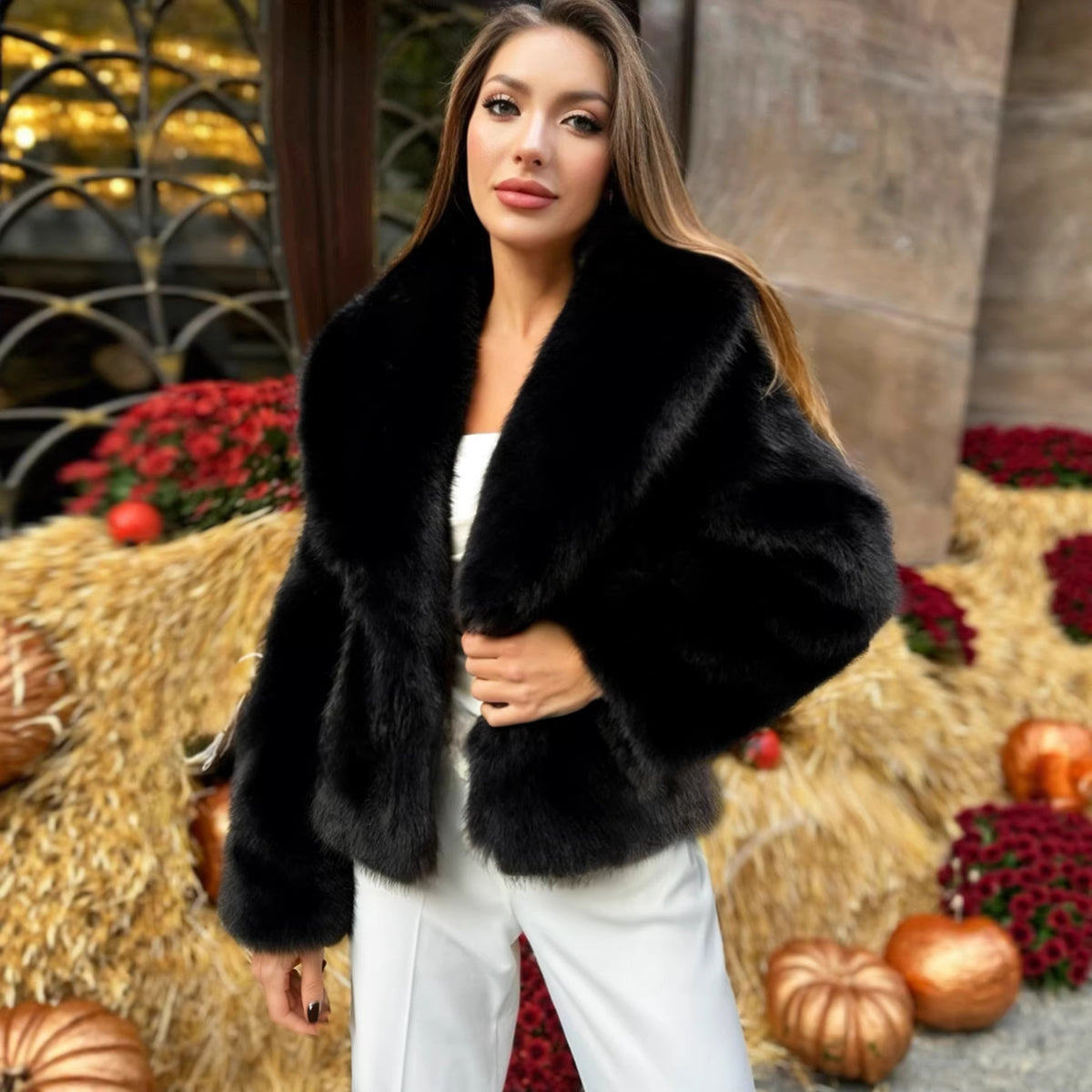 Pluche imitatiebont winterjas voor dames