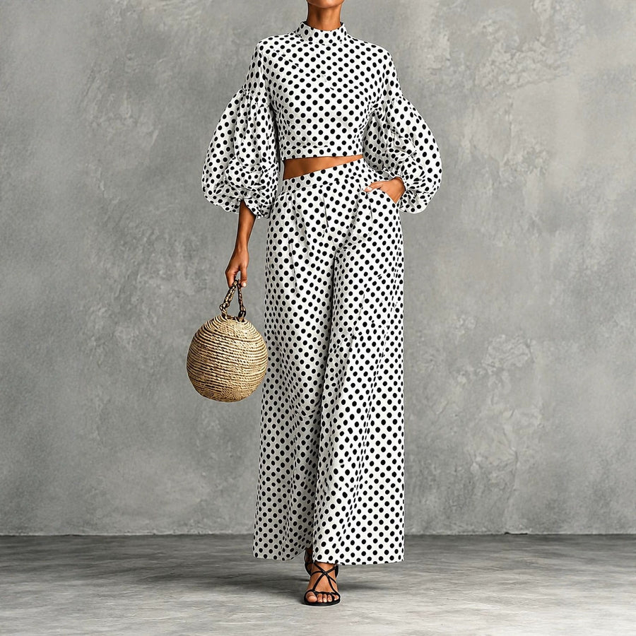Polka Dot Lantern-Sleeve Top and Wide-Leg Pants Set