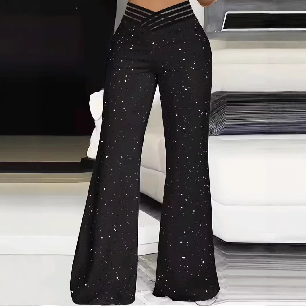 Pantaloni sportivi casual a vita alta alla moda, con paillettes, spacco, versatili e a zampa slim