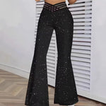 Pantaloni sportivi casual a vita alta alla moda, con paillettes, spacco, versatili e a zampa slim