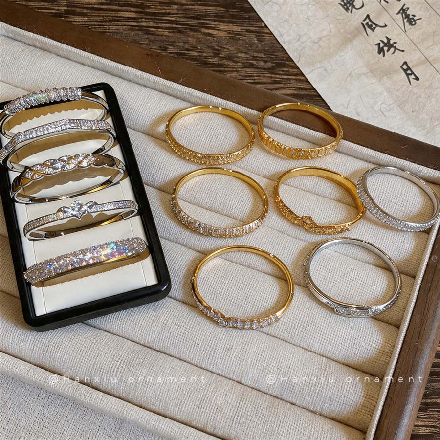 Zircon Open Bangle Bracelet, Gold Tone