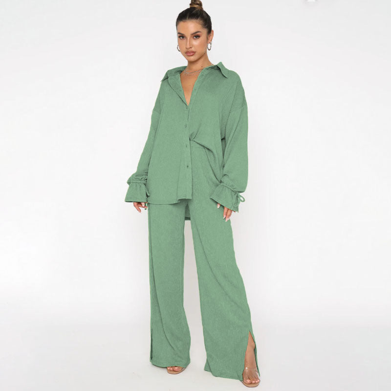 Women's Polo Collar Two-Piece Suit, Top and Trousers