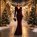 Velvet Wrap Fishtail Evening Gown, Long Sleeve