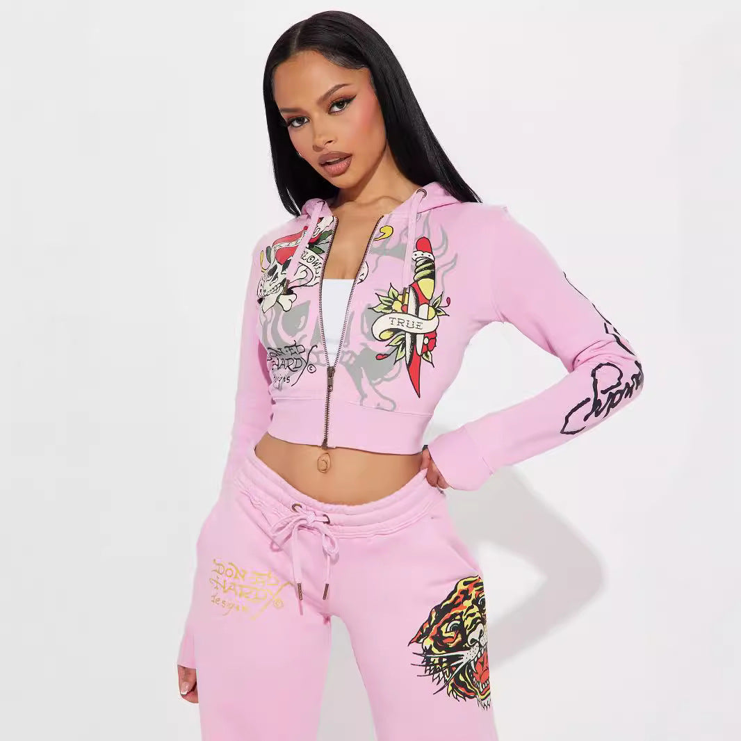 Conjunto de blusa estampada de manga larga y pantalón para mujer