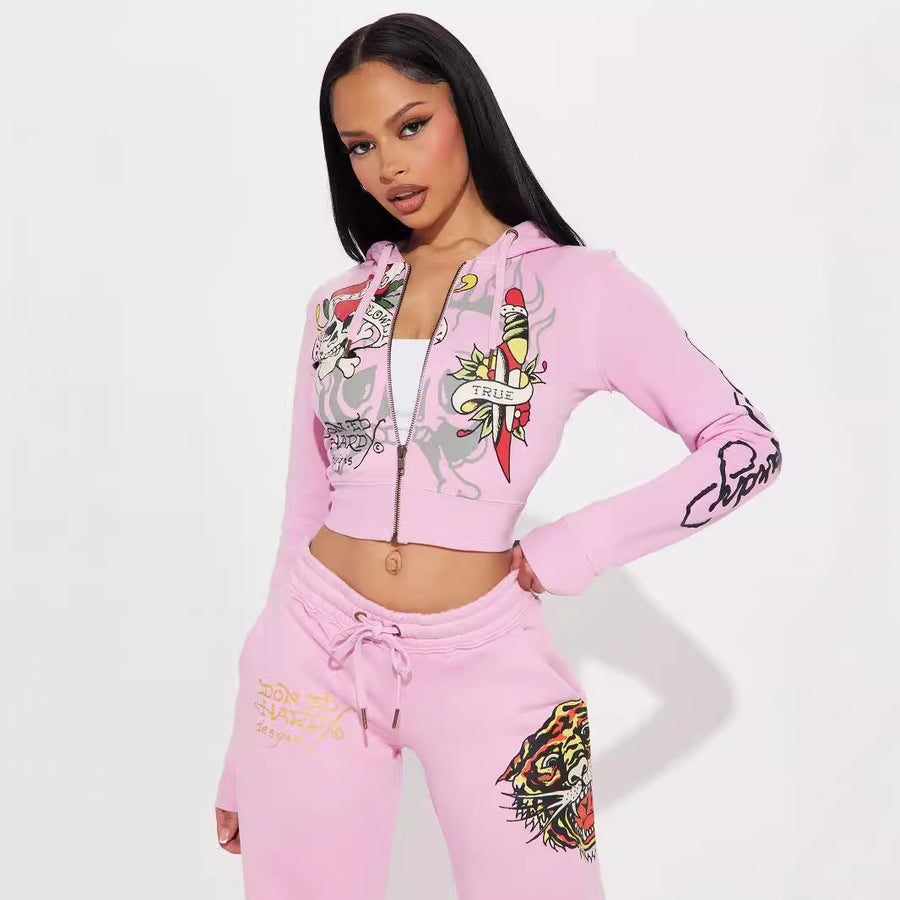 Women's Printed Long-Sleeve Top and Trousers Set