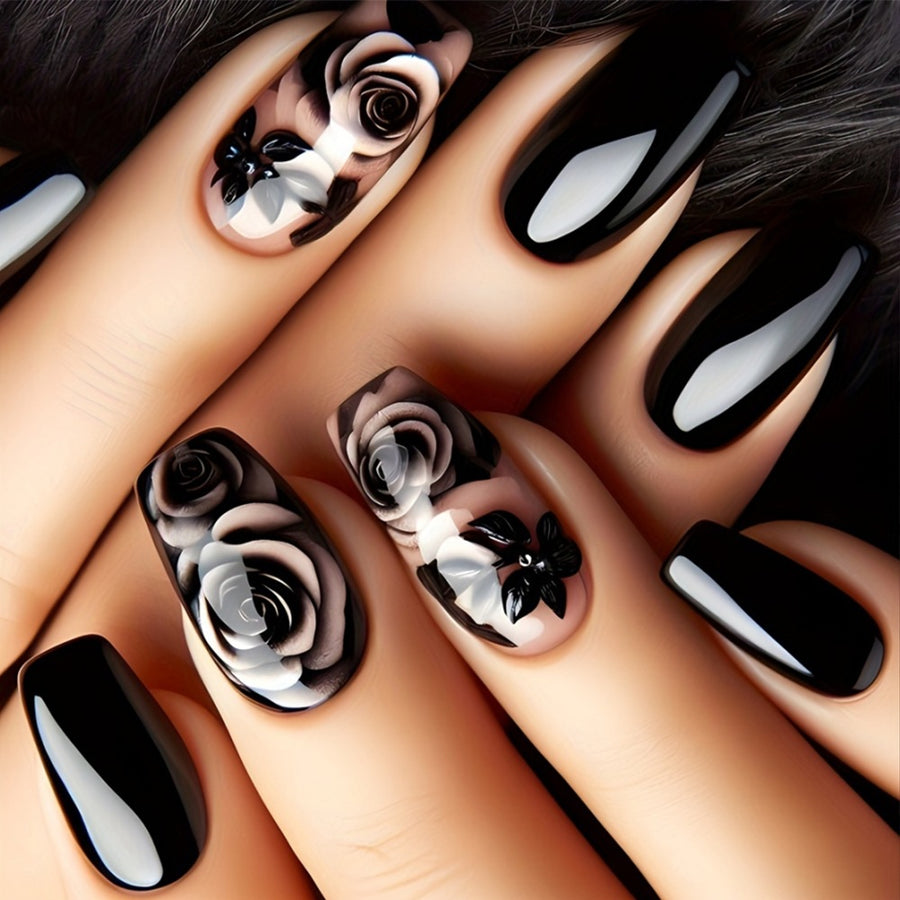 Black Rose Press-On Nagels, Lange Coffin, 24 Stuks