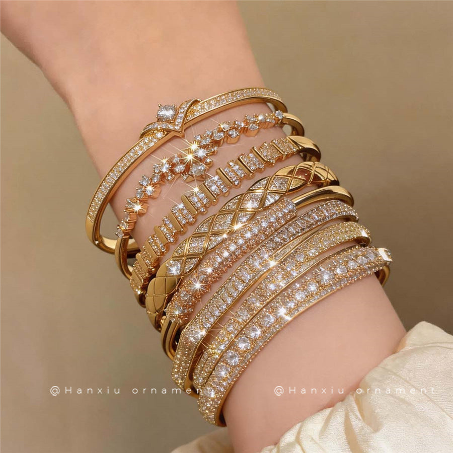 Zircon Open Bangle Bracelet, Gold Tone