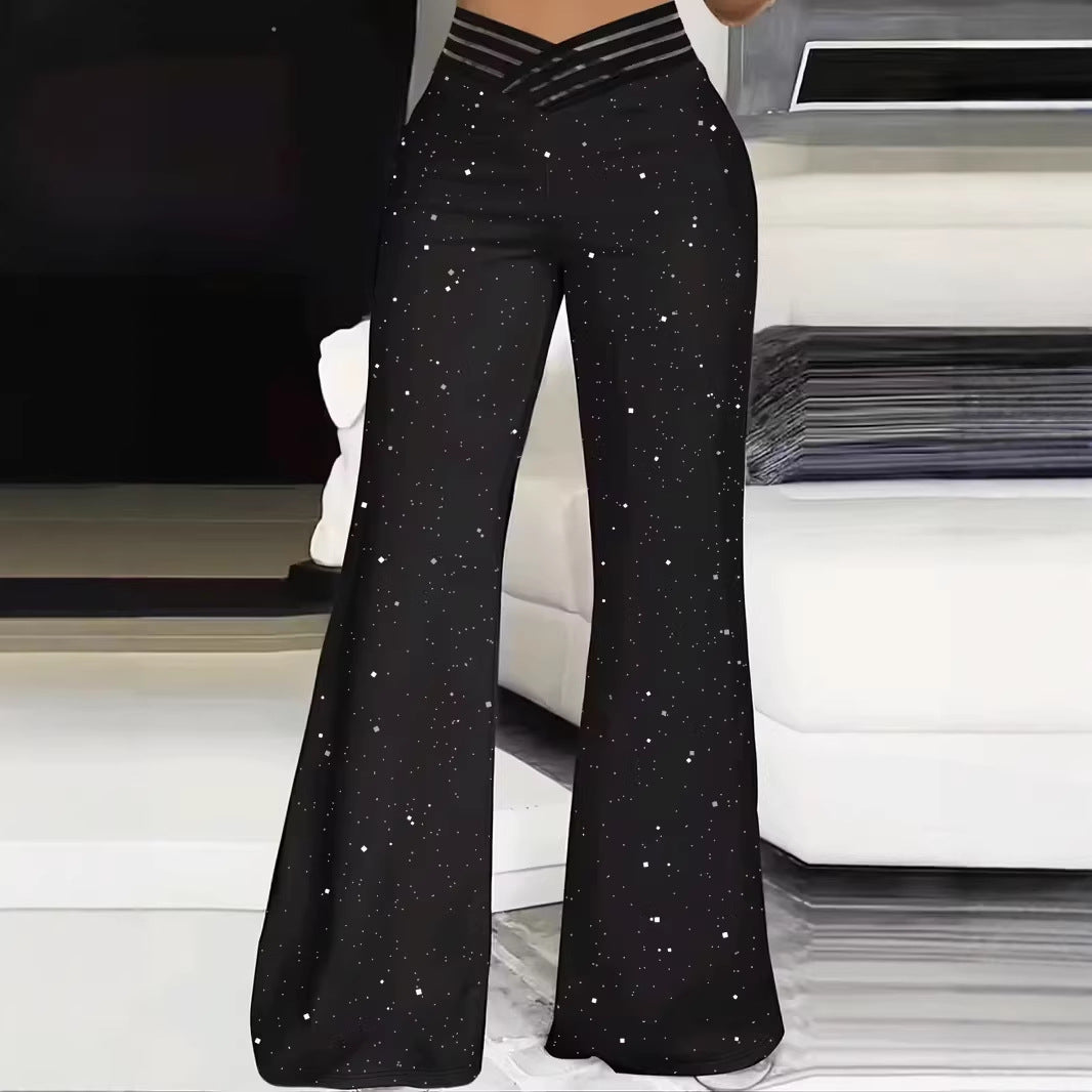Pantaloni sportivi casual a vita alta alla moda, con paillettes, spacco, versatili e a zampa slim