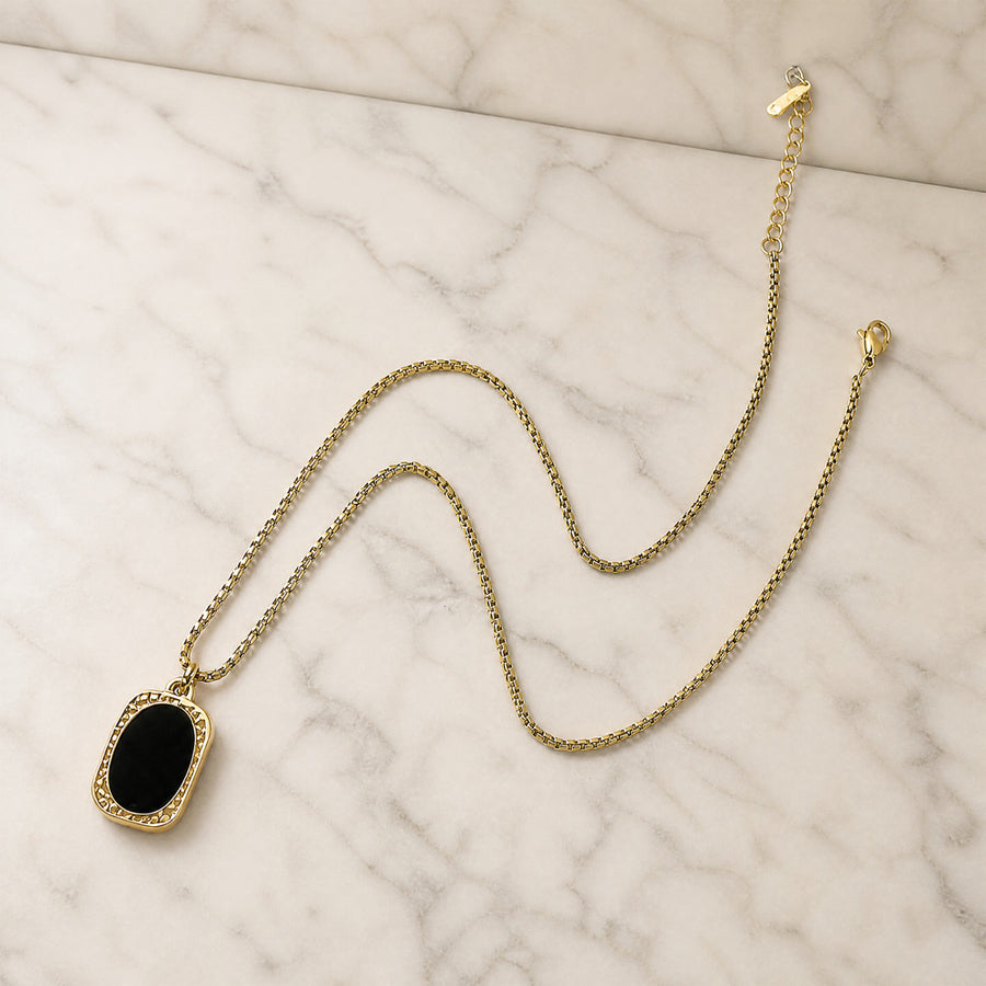 18K Gold Plated Stainless Steel Rectangle Tag Pendant Necklace for Women, Vintage Black On