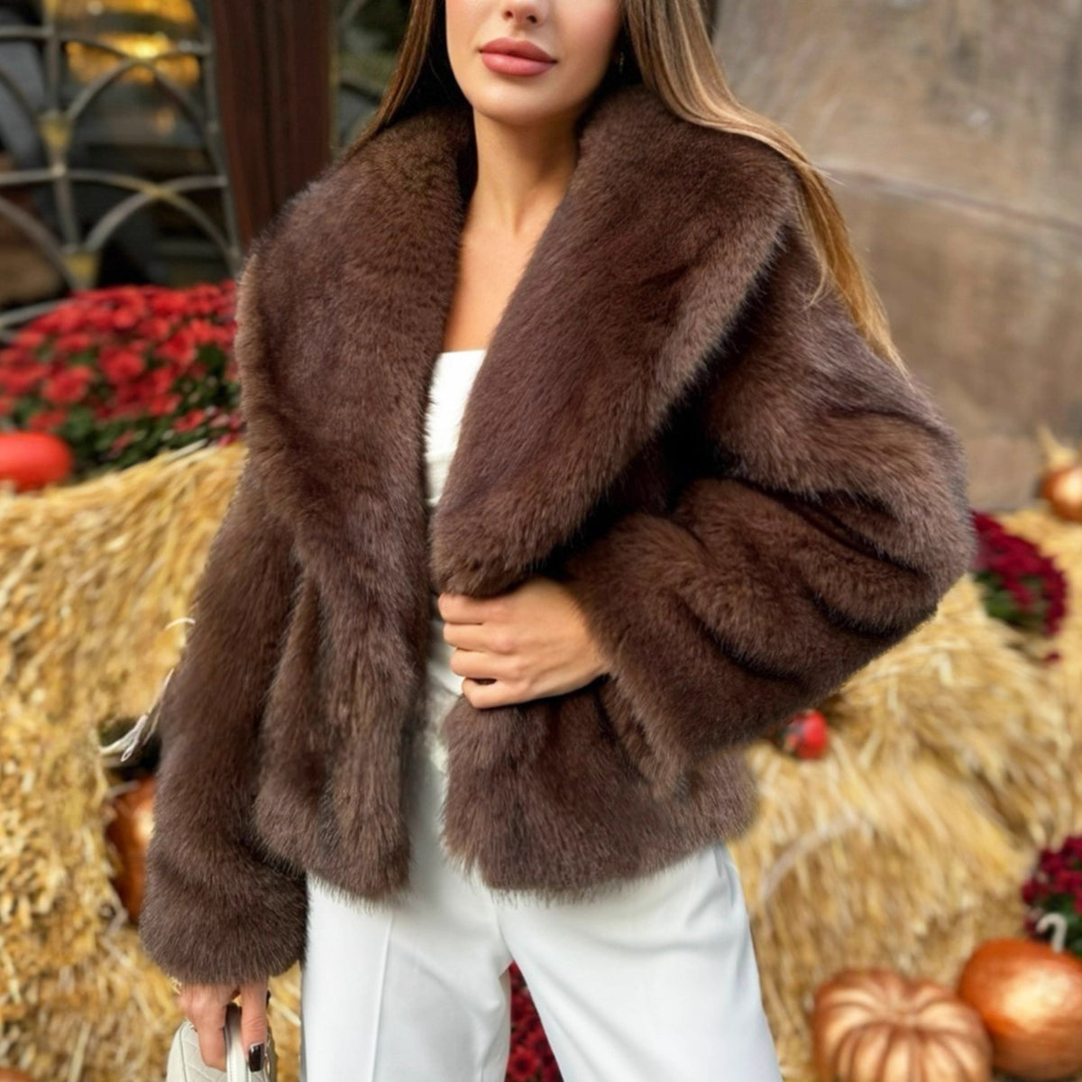 Pluche imitatiebont winterjas voor dames