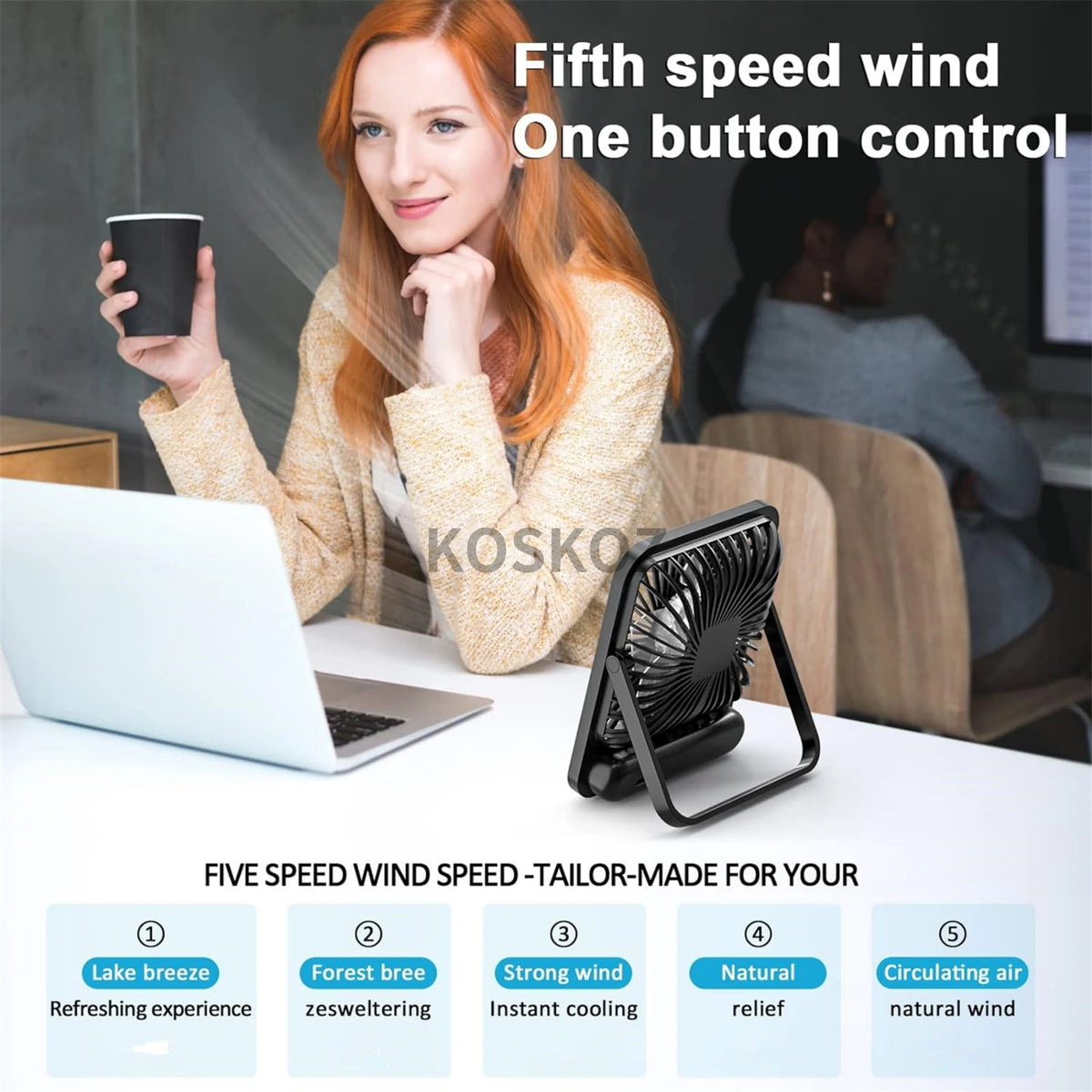 Folding Desk Fan with Power Display, 5 Speeds (USB Rechargeable)