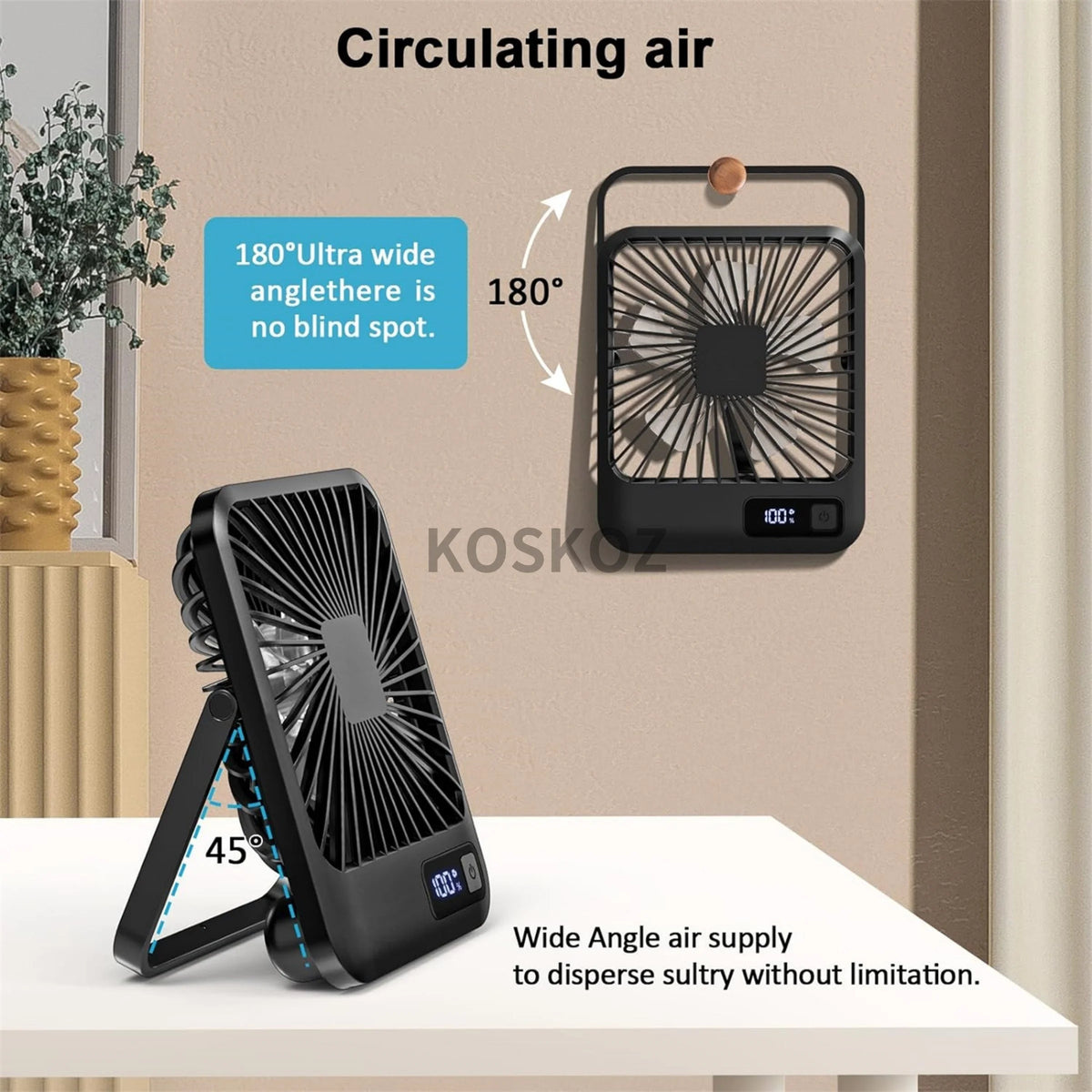 Folding Desk Fan with Power Display, 5 Speeds (USB Rechargeable)