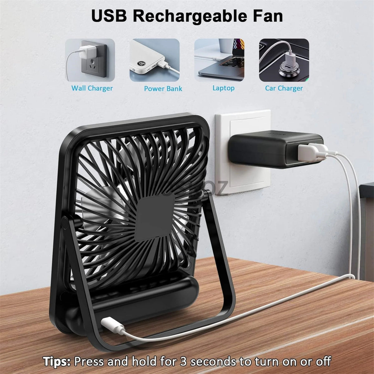 Folding Desk Fan with Power Display, 5 Speeds (USB Rechargeable)