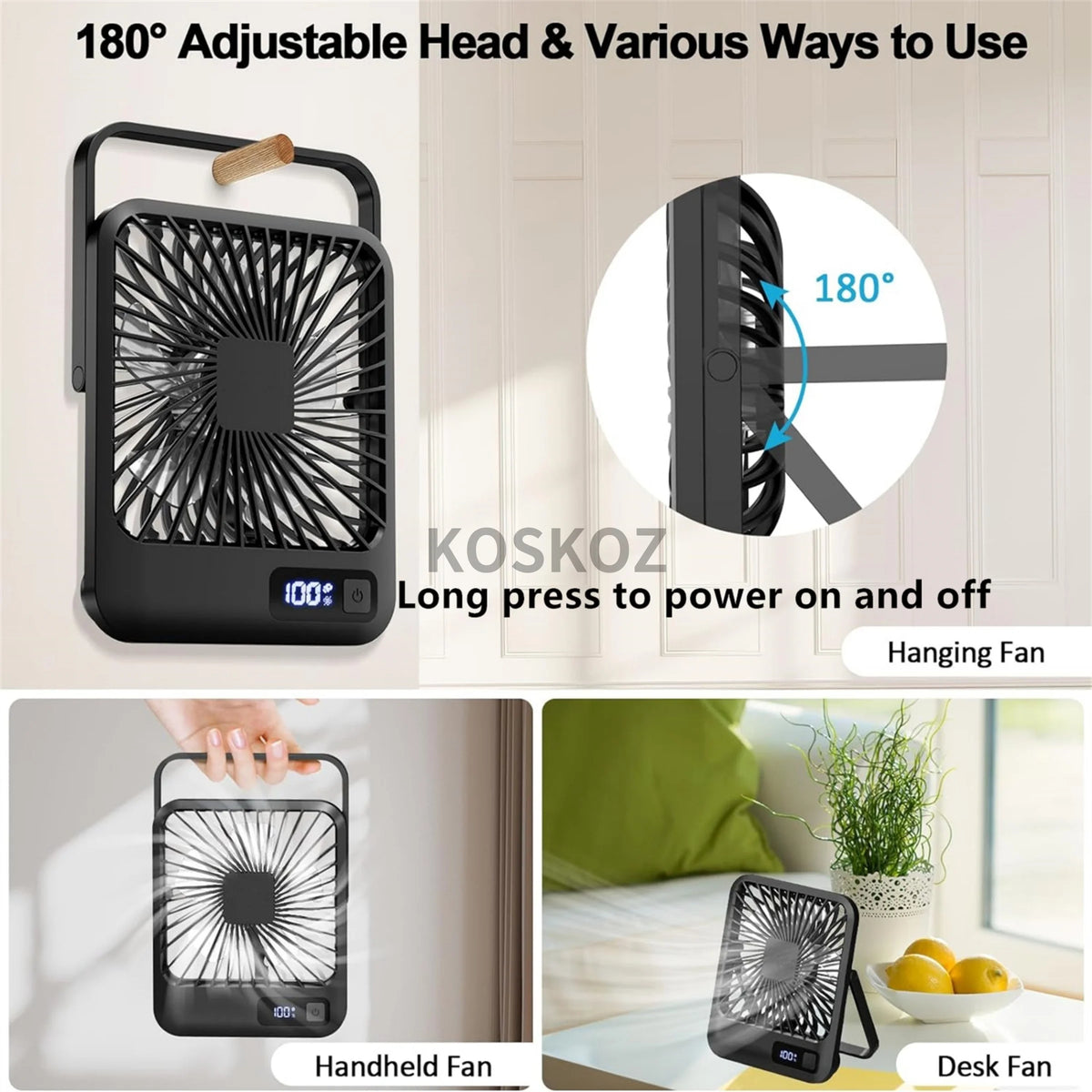 Folding Desk Fan with Power Display, 5 Speeds (USB Rechargeable)