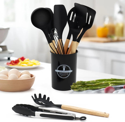Silicone kitchen utensil set with heat-safe non-stick cooking tools