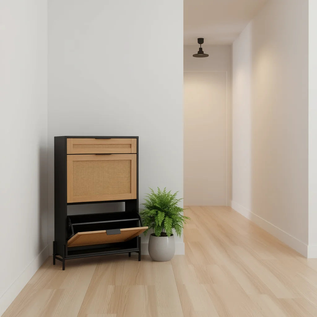 Rattan 2-Flap Shoe Cabinet — Slim Entryway Organizer