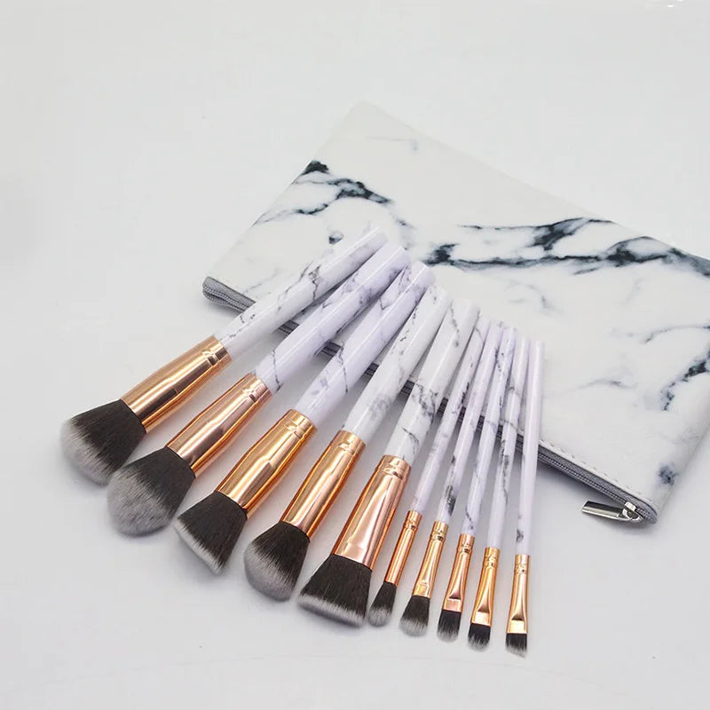 12-piece synthetic makeup brush set with marble handles and carrying case