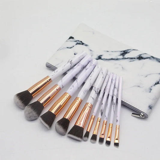 12-piece synthetic makeup brush set with marble handles and carrying case
