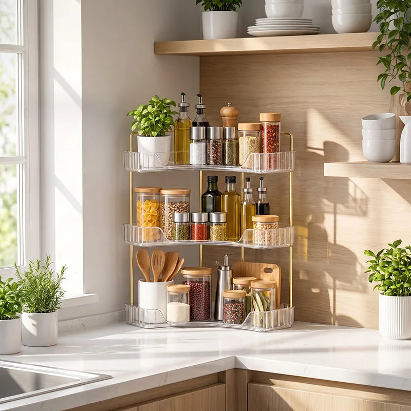 A three-tier corner kitchen organizer with clear wire shelves and gold-toned metal framing, filled with jars, bottles, and utensils, set on a white countertop in a bright modern kitchen.