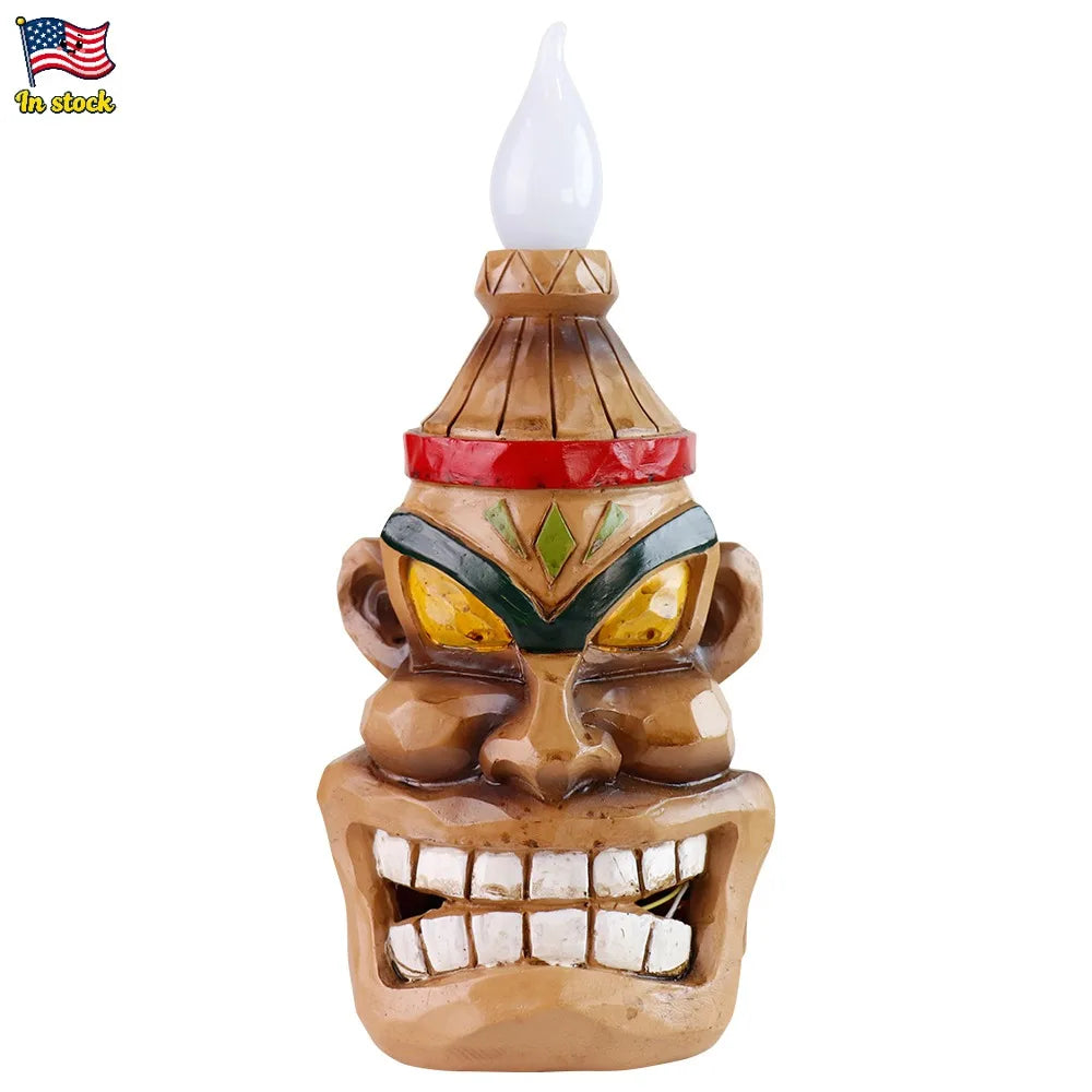 Solar-powered tiki head garden light with warm LED glow for patio decor
