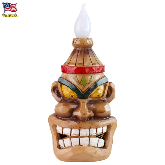 Solar-powered tiki head garden light with warm LED glow for patio decor