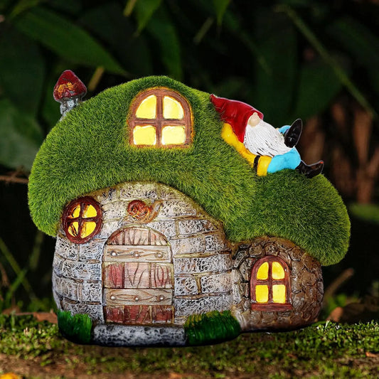 Solar garden statue light - resin gnome statue with warm solar light for patio and flowerbed