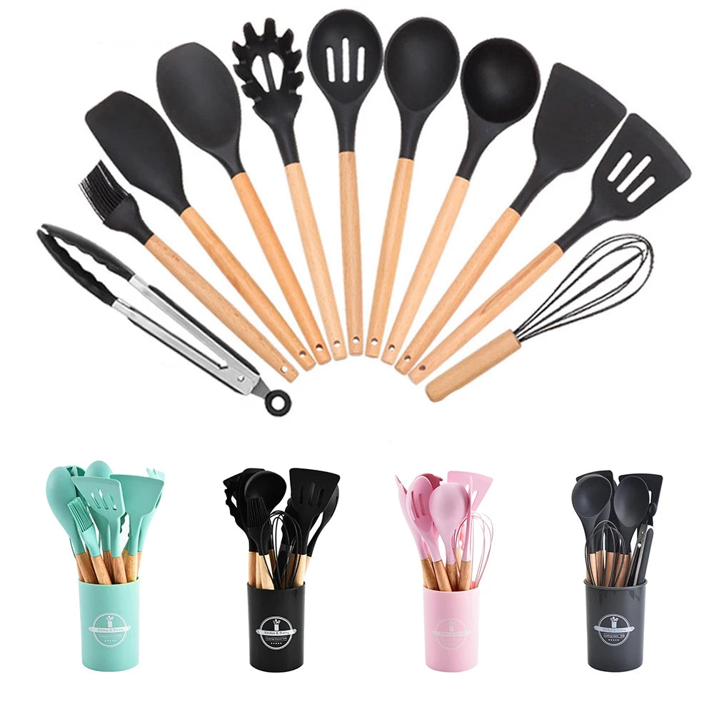 Wood-handle 12-piece kitchen utensil set with farmhouse cooking tools
