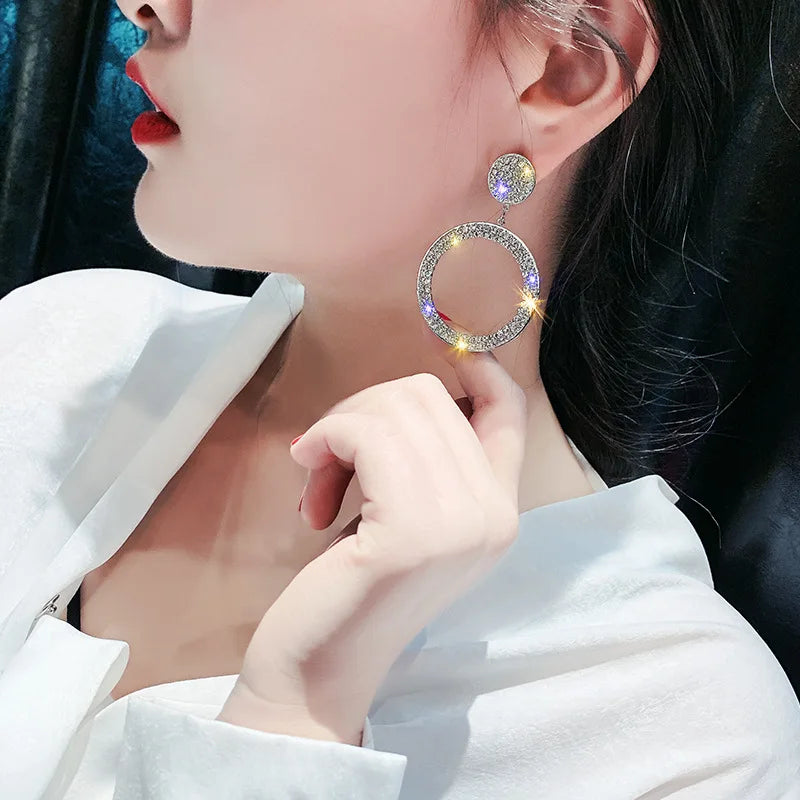Orecchini a cerchio Fashion Shining, incastonatura di precisione, color oro e argento, orecchini con strass per donna, gioielli per matrimoni e feste