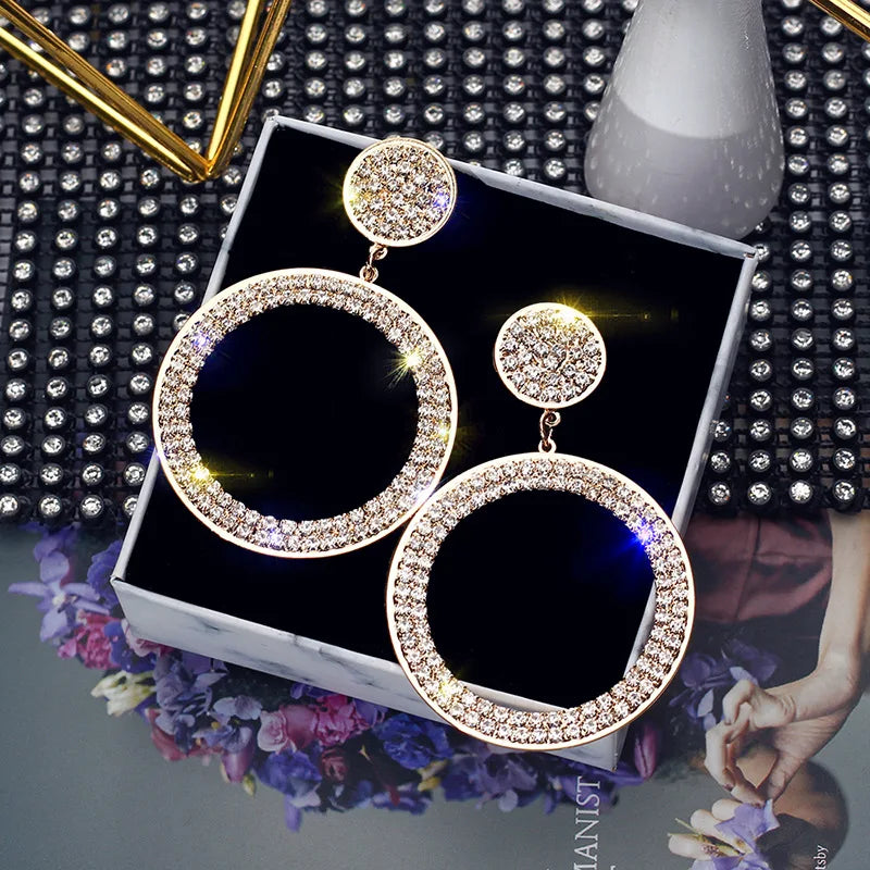 Orecchini a cerchio Fashion Shining, incastonatura di precisione, color oro e argento, orecchini con strass per donna, gioielli per matrimoni e feste