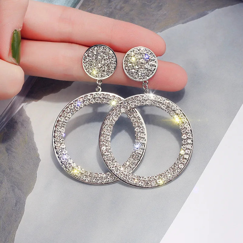 Orecchini a cerchio Fashion Shining, incastonatura di precisione, color oro e argento, orecchini con strass per donna, gioielli per matrimoni e feste