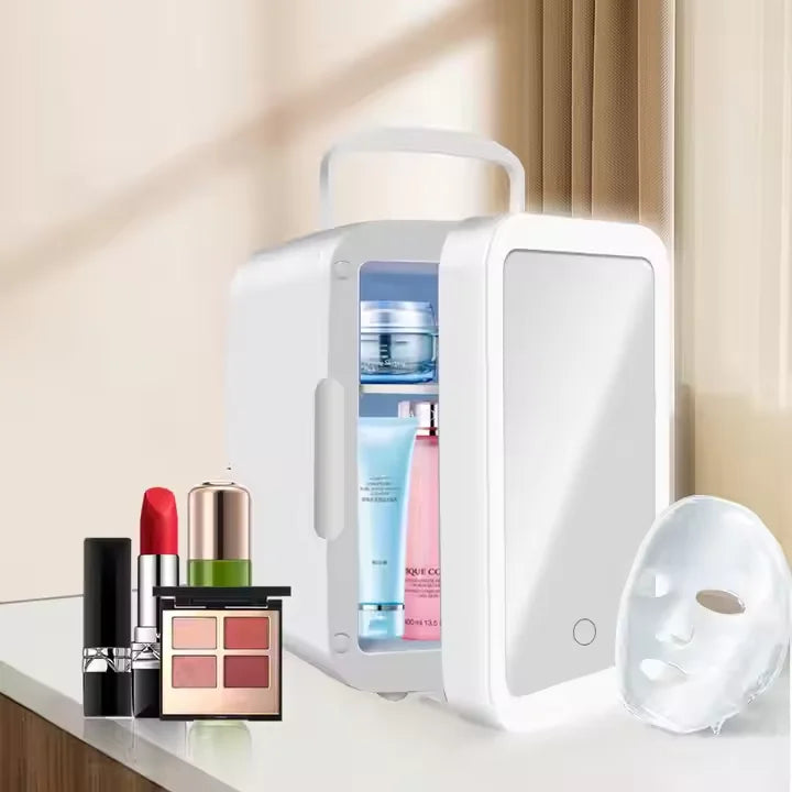 4L portable makeup mini fridge - white skincare cooler with mirror door for vanity storage