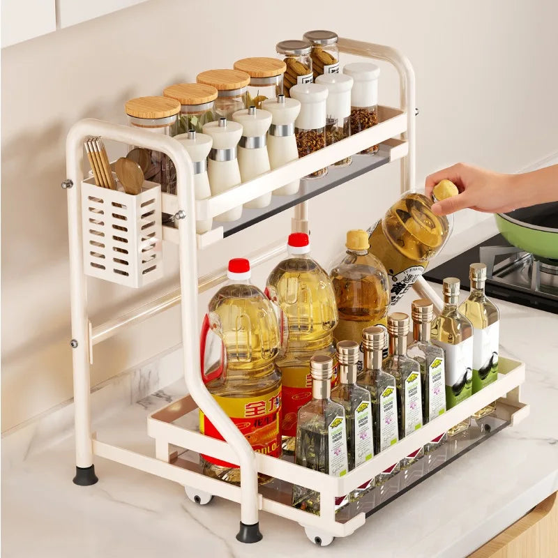 Two-tier pull-out kitchen shelf rack for under-sink and cabinet storage