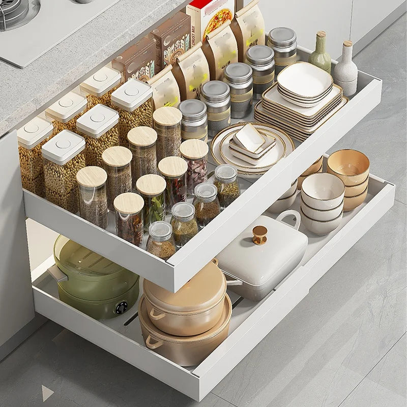 Adjustable steel under-sink organizer pull-out drawer for kitchen cabinet storage