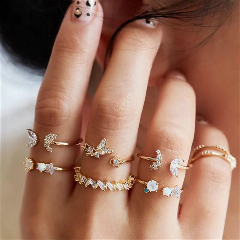 Silver Crystal Rings Set