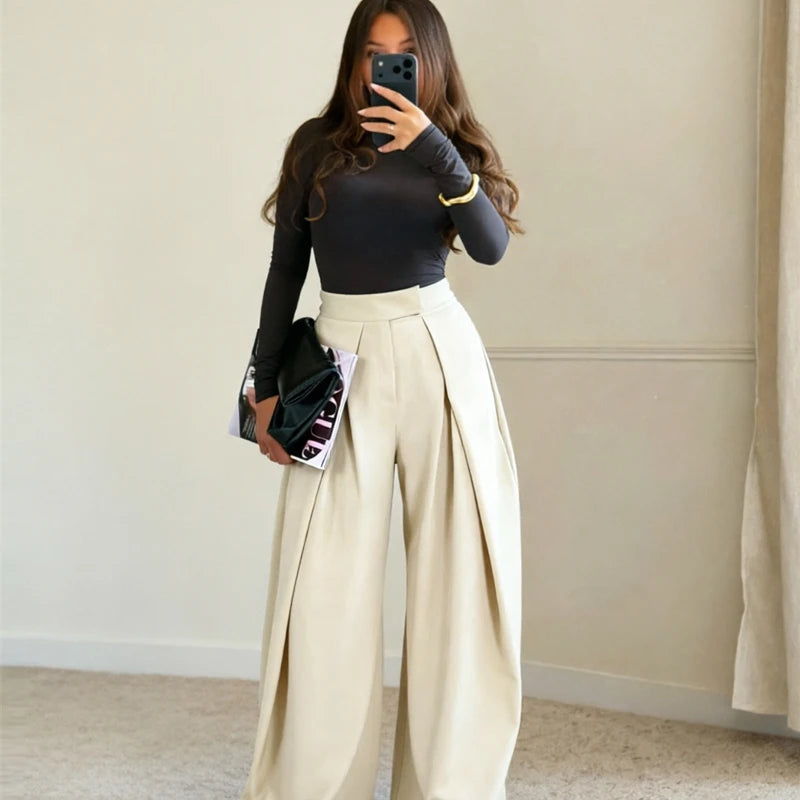 Women's High-Waist Pleated Wide-Leg Pants