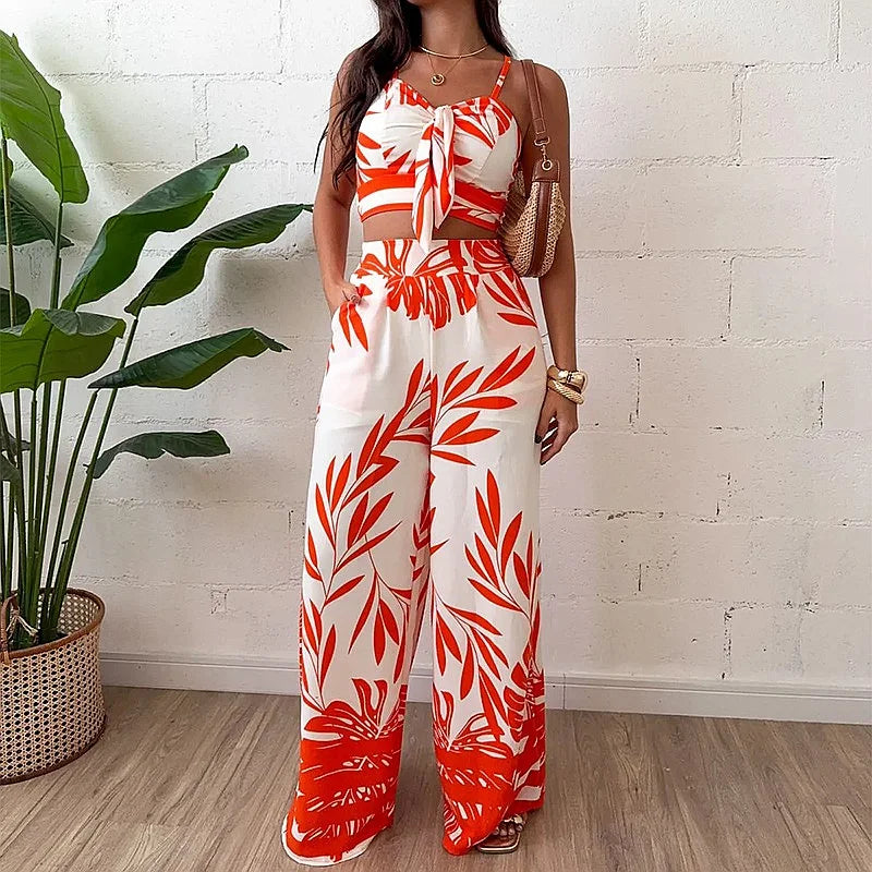 Completo estivo da donna: canotta stampata sexy e pantaloni a gamba larga, coordinato primavera-estate