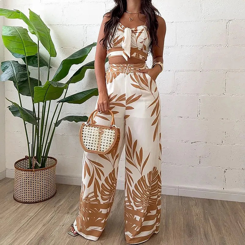 Completo estivo da donna: canotta stampata sexy e pantaloni a gamba larga, coordinato primavera-estate