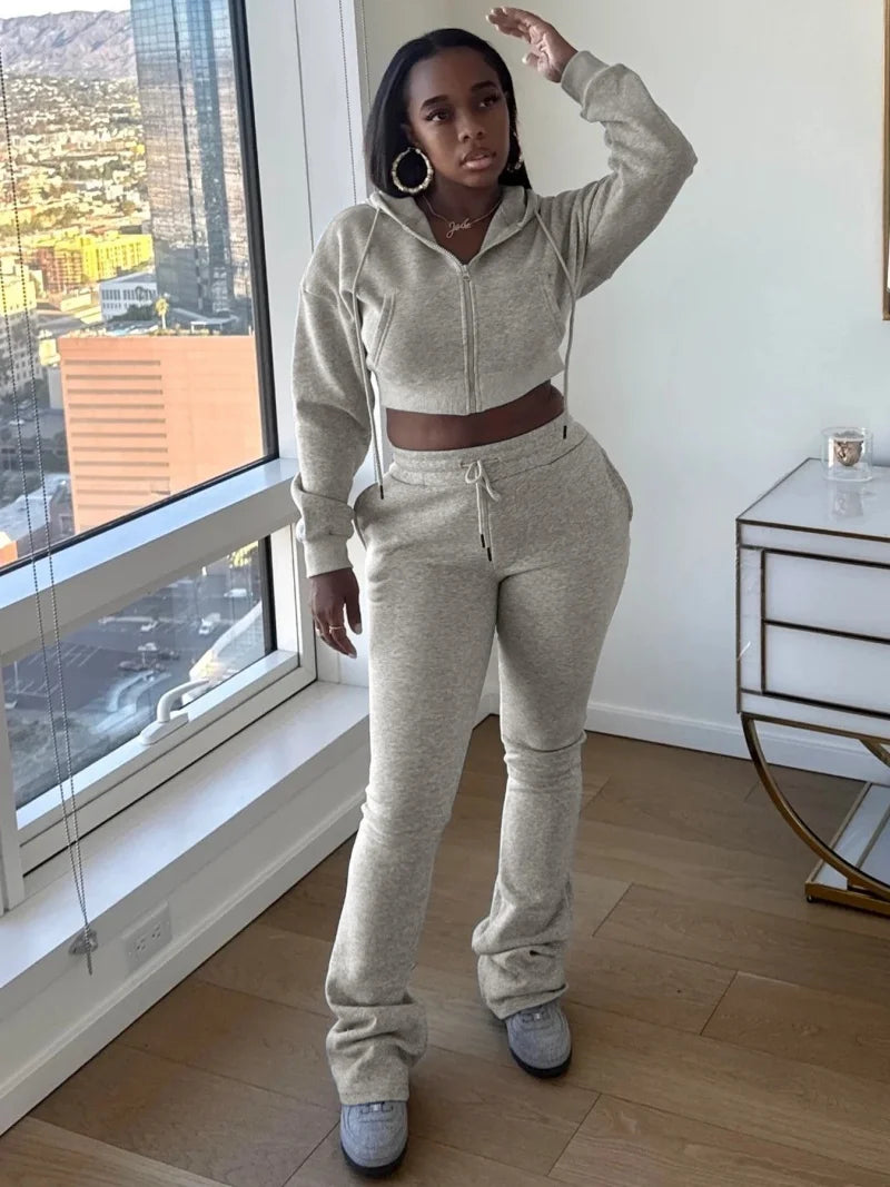 Ensemble streetwear 2 pièces pour femme, tenue d'hiver, sweat-shirt court à capuche zippé + pantalon, survêtement en polaire pour femme