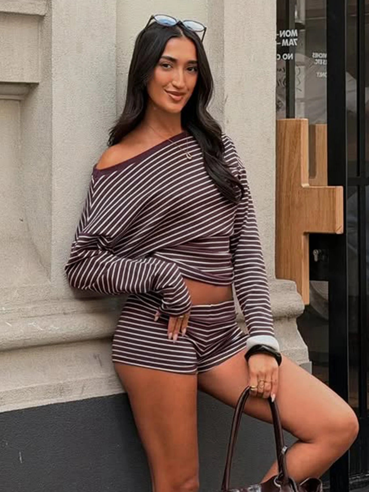 Dulzura Women'S Striped Vintage Casual 2 Piece Shorts Set Skew Collar Long Sleeve T-Shirt Bodycon Shorts Matching Set Party Club