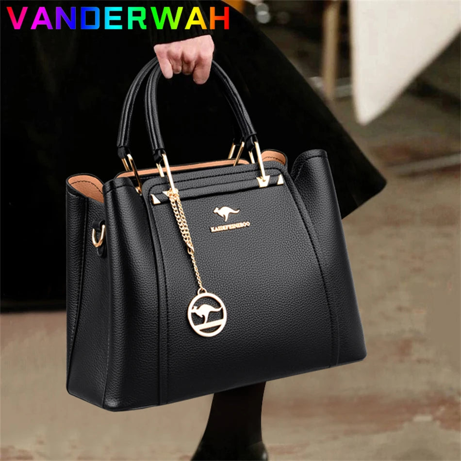 Women's Split Leather 3-Layer Tote Shoulder Crossbody Handbag